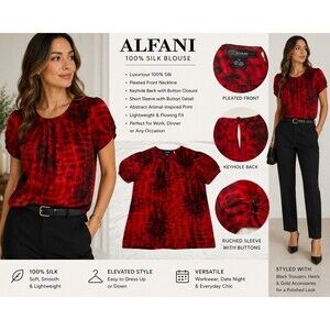 100% Silk Red Black Animal Print Blouse Pleated Keyhole Womens Sz 10